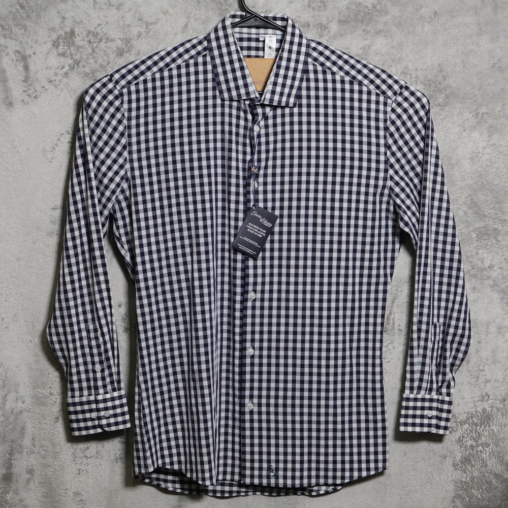 State & Liberty Shirt Mens 2XL Navy Blue White Gingham Stretch Dress Preppy